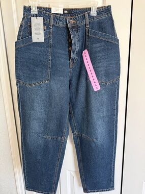 Frye Blue Wash Barrel Jeans with Front Patch Pockets